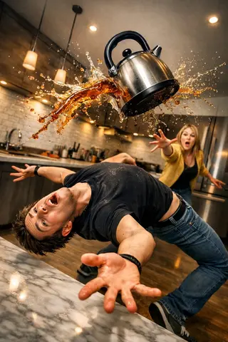 Surreal comedic scene inside a modern kitchen: a young