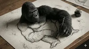 3D Gorilla Emerging from 2D Charcoal Sketch