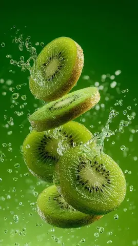A hyper-realistic image of a sliced kiwi splashing in