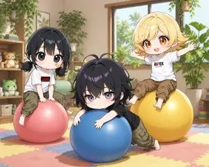 Chibi Kids Playing on Exercise Balls