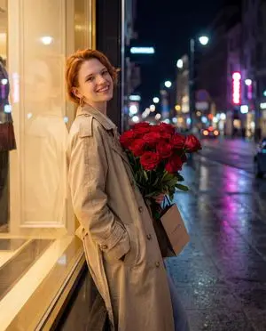 Candid Night-Time Street Style Photo with Roses