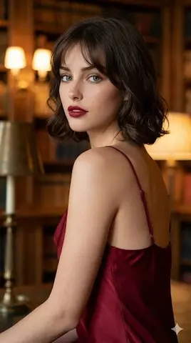 Cinematic Red Dress Portrait in a Vintage Library