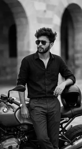 Black and White Cinematic Portrait with Motorcycle