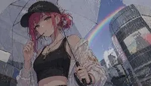 Anime Girl with Umbrella and Rainbow