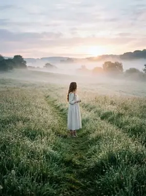 Cinematic Wide Shot of Girl in Dewy Meadow at Sunrise