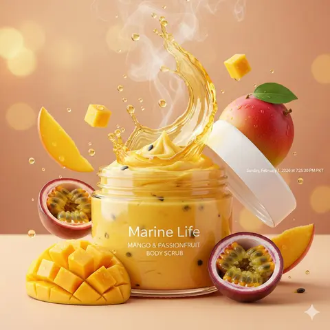 Luxurious tropical body scrub product photography, open jar of