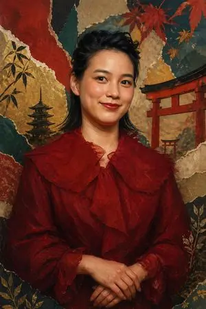 Japanese Collage Portrait in Crimson