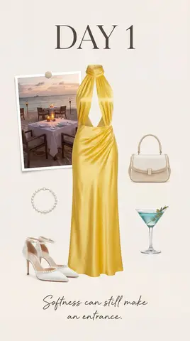 Natural Luxury Evening Lighting Luxury Editorial Collage Realism Woman Seated Naturally, Slightly