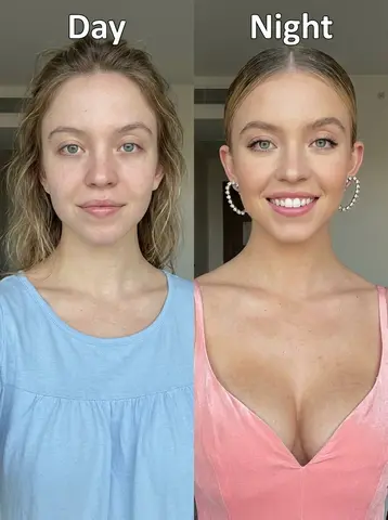 Before-and-after upper-body portrait photo of Sydney Sweeney, smiling in