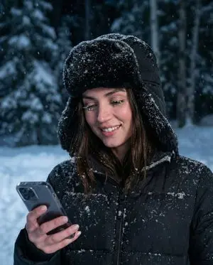 Conceptual Winter Night Portrait with Smartphone