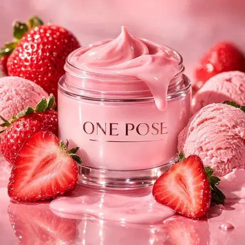 Ultra-realistic luxury skincare product photography featuring a glass cosmetic