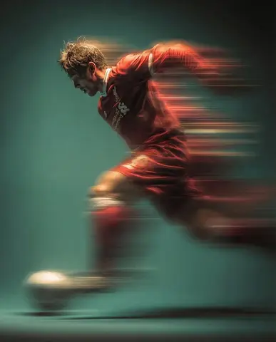 Panning shot of a mysterious soccer player in red