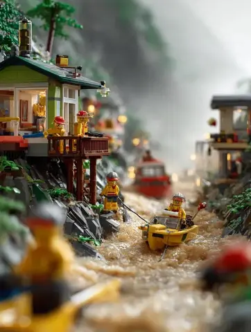 LEGO mountain flood rescue scene, torrential rain causing river