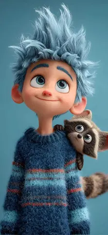 Cute stylized 3D animated boy with messy fluffy blue