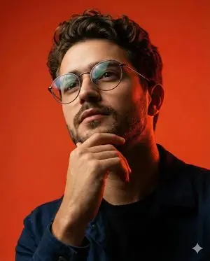 Dynamic Low-Angle Portrait with Orange-Red Background