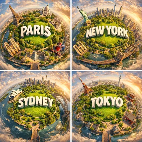 hyperrealistic miniature planet showcasing [CITY] with famous landmarks seamlessly