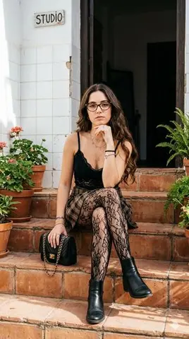 Portrait of Woman on Steps with Detailed Outfit