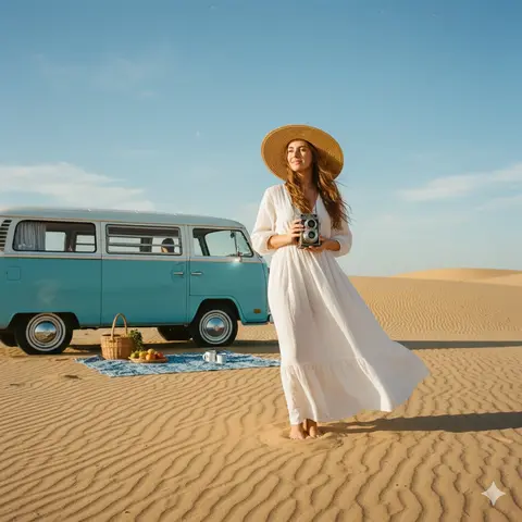 A wide shot of a woman in an airy