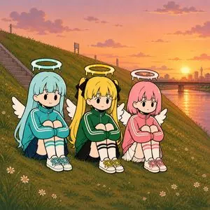 Chibi Angel Girls at Sunset