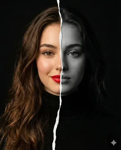 ​A high-resolution conceptual portrait of a woman’s face vertically