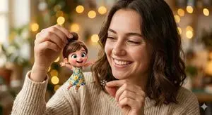 Surreal Portrait: Woman Holding Tiny Cartoon Girl
