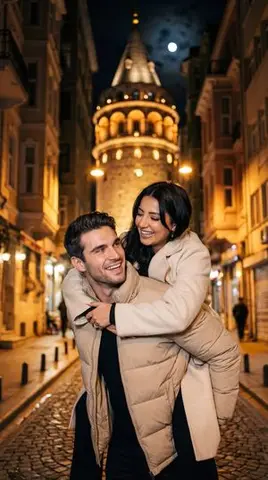 Romantic Nighttime Piggyback in front of Galata Tower