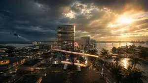 Stormy Tropical City With Rooftop Plane