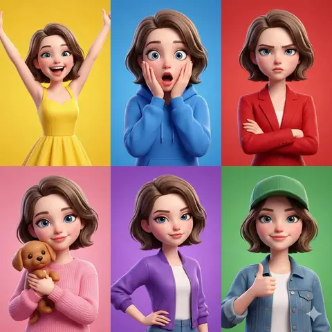 3D Pixar-style animated girl shown in a 6-panel grid