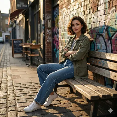 Cinematic realistic street scene, beautiful young woman with short