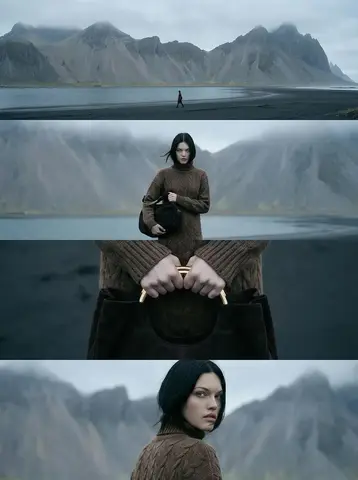 A vertical cinematic editorial image composed of four horizontal