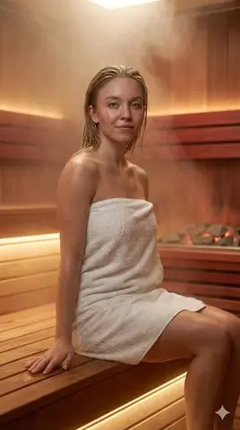 Hyper-realistic sauna portrait of Sydney Sweeney