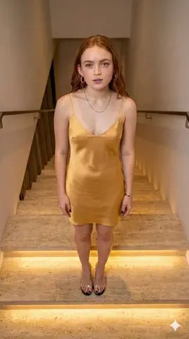 Sadie Sink in Yellow Slip Dress on Illuminated Stairs