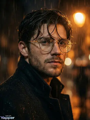 Cinematic close-up portrait of a young man standing in