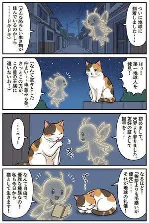 Four-panel manga of a fairy who thinks Earth is a cat planet
