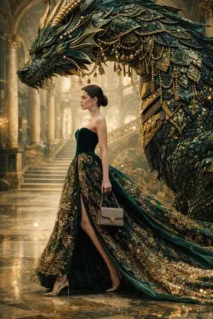 Couture Woman and Colossal Dragon in Renaissance Palace
