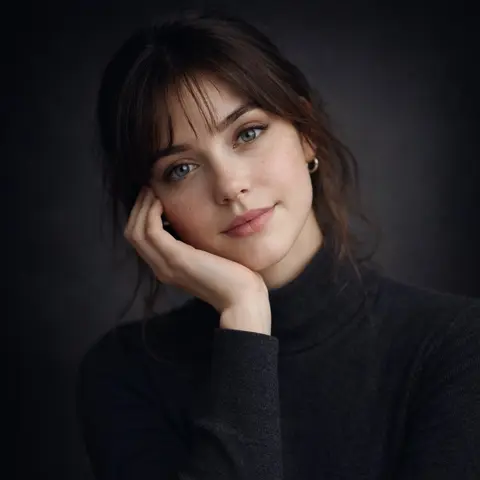Ultra-realistic studio portrait of a young woman, front-facing, centered
