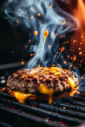 A hyper-realistic, cinematic close-up of a sizzling gourmet cheeseburger