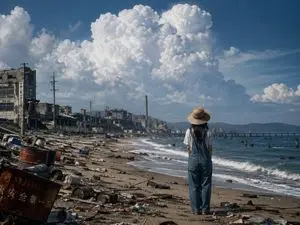 Girl on Polluted Industrial Beach