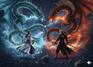 Image generation prompt for Nano Banana Pro: Zhuge Liang vs. Sima Yi in a Final Fantasy X style cosmic battle
