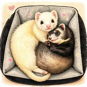 Cute Ferrets Cuddling in Pet Bed