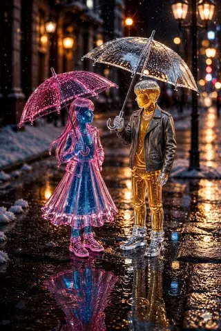 Whimsical Glass Couple in Winter Snowfall