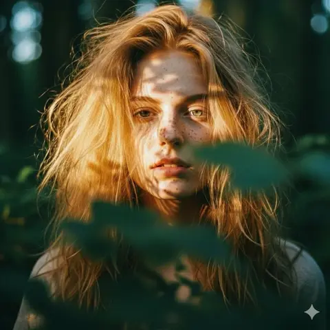 Close-up portrait of a young woman with messy, voluminous