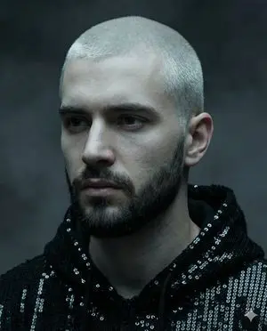 Hyper-realistic portrait of a young man with platinum buzz cut