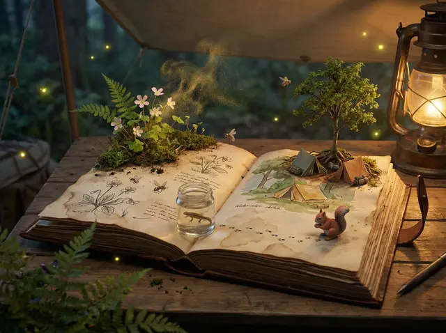 Epic 3D scene: a weathered field journal lies open