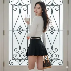 East Asian Woman with Milk Glass and Louis Vuitton Bag