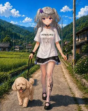 Anime Countryside Dog Walk T-Shirt Scene