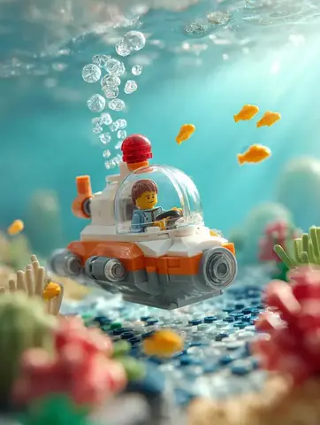 Surrounding the submarine are multiple small bright yellow LEGO
