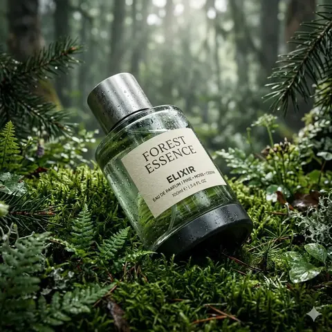 Ultra-realistic premium fragrance product shot of a perfume bottle