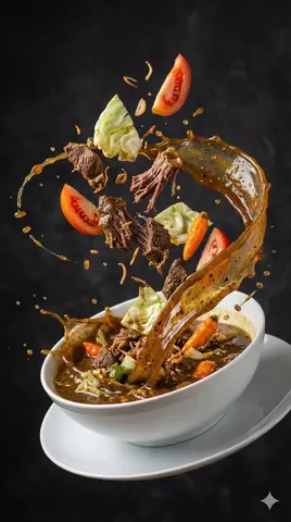 Rich Asian Soup Ingredients Exploding Upward in Mid Air, Swirling Spiral Splash