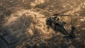 Helicopter Over Urban Dust Cloud